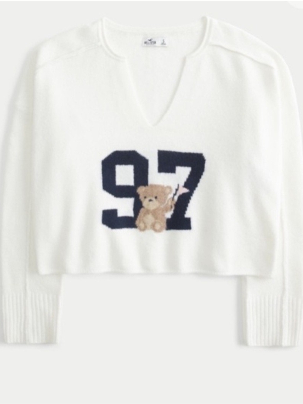 Hollister White V-Neck Sweater with Navy '97' and Tan Teddy
